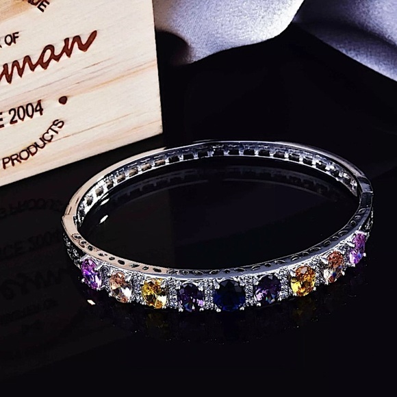 Multicolor Cubic Zirconia Sterling Silver Bangle Bracelet - Picture 4 of 5
